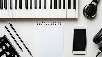 Top view of music workspace with piano, headphones, cell phone and notes. Ai generative