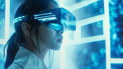 woman with augmented reality headset, holographic interface surroundings - obrazy, fototapety, plakaty