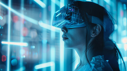woman with augmented reality headset, holographic interface surroundings - obrazy, fototapety, plakaty