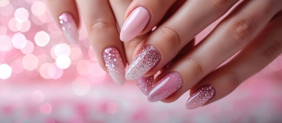 Elegant woman's hand with stylish pink and white glitter manicure showing luxury and beauty