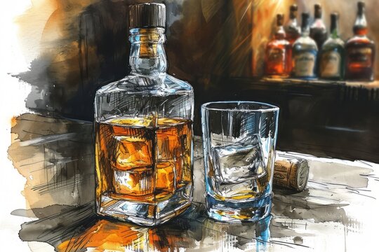 Illustration of Irish Whiskey Bottle and Glass. Irish Whiskey Bottle and glass with ice