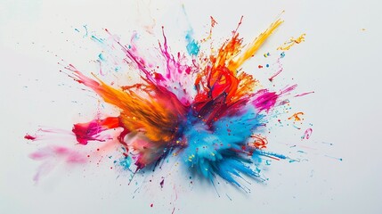 An explosion of vibrant hues frozen in time, dispersing in all directions against a clean white canvas, capturing the beauty and chaos of the moment