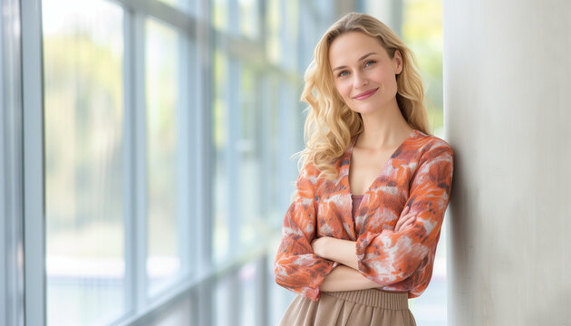 Radiant Young Woman with a Charming Smile Posing by Large Windows in a Bright, Airy Setting