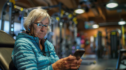 senior woman with phone, gym setting,