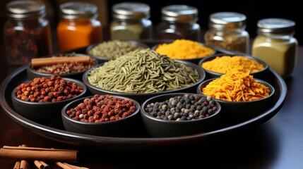 A selection of exotic spices, like saffron and cardamom, elegantly arranged in delicate containers o