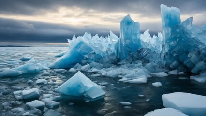 Fototapeta na wymiar Large blocks of blue ice collide and stack up along the frozen shoreline of a lake