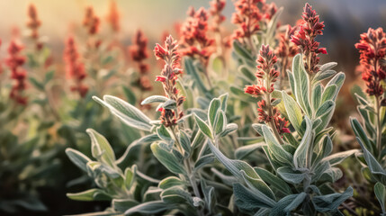 A sage bush being rubbed in the garden, showcasing the process of growing medicinal herbs for homeopathy and aromatherapy. Herbal treatment and natural plant lifestyle background.