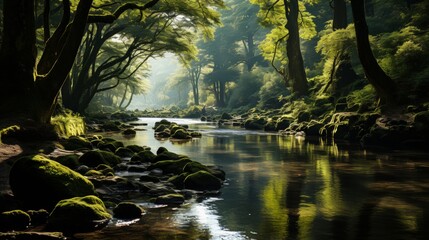 A tranquil river meandering through a lush forest, light filtering through the canopy, creating dapp
