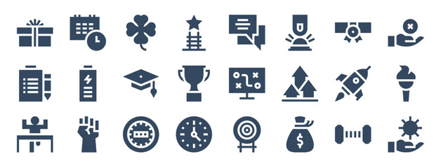 set of 24 motivation web icons in glyph style such as clover, strategy, speedometer, money bag, positivity, rocket. vector illustration.