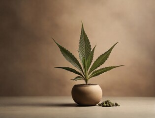 Minimalist composition featuring a single cannabis plant against a softly blurred background