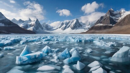 Textures of blue ice formations along the edge of a frozen lake