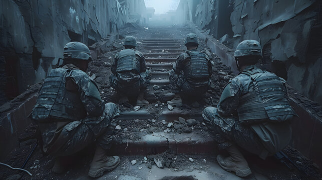 soldiers kneein on stairs