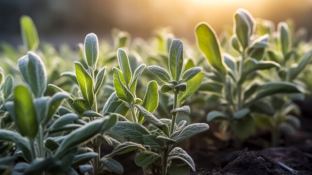A sage bush being rubbed in the garden, showcasing the process of growing medicinal herbs for homeopathy and aromatherapy. Herbal treatment and natural plant lifestyle background.
