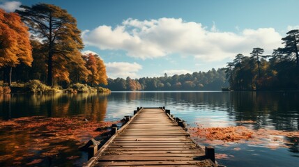 A tranquil lake in a rural setting, wooden dock, trees reflecting on the water's surface, symbolizin - obrazy, fototapety, plakaty