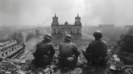 soldiers in a destroyed city