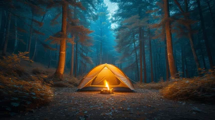 Foto op Plexiglas A cozy camping scene in a forest clearing, tent pitched beside a small campfire, starry night sky ab © ProVector