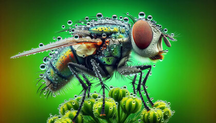 A close-up of a fly with detailed textures, covered in dewdrops, perched on green foliage, against a gradient green background.Insect behaviour concept.AI generated.