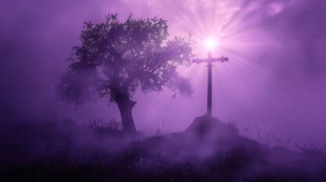 tree and cross silhouette, surreal mystical ambiance