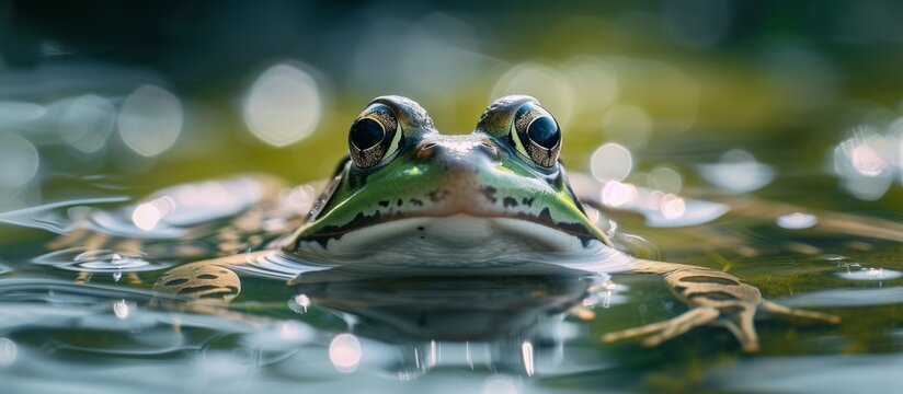 Serene green frog peacefully floating in tranquil water surrounded by nature