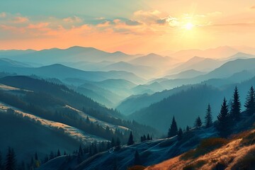 Obraz premium Majestic Mountain Landscape with Trees Beneath a Stunning Sunset