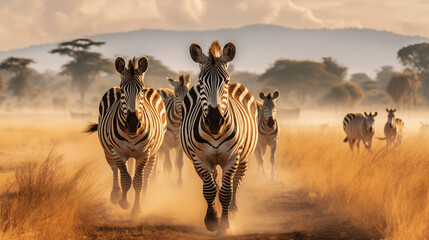 herd zebras running in savannah field