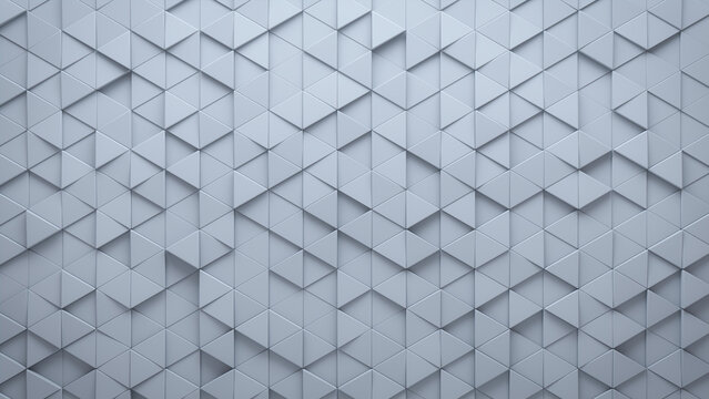 White, 3D Wall background with tiles. Polished, tile Wallpaper with Triangular, Semigloss blocks. 3D Render