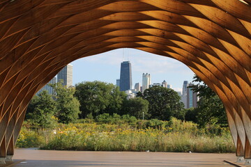 View of the city of Chicago, Illinois from the Honeycomb near the soud pond in Lincoln Park Zoo. October 2023