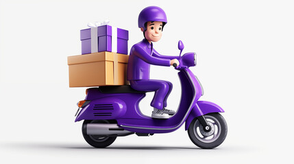 Purple 3d cartoon delivery man transport box isolated in white background