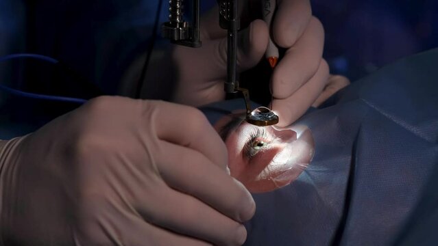 An ophthalmic surgery specialist performs an operation. Close-up. A male doctor performs a high-precision operation. Femtolaser cataract surgery.
