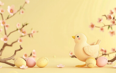 little easter dove with easter eggs and cherry blossom, easter illustration