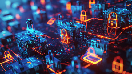 Cybersecurity photo of padlocks on digital screen, network defense concept