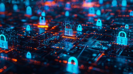 Cybersecurity photo of padlocks on digital screen, network defense concept