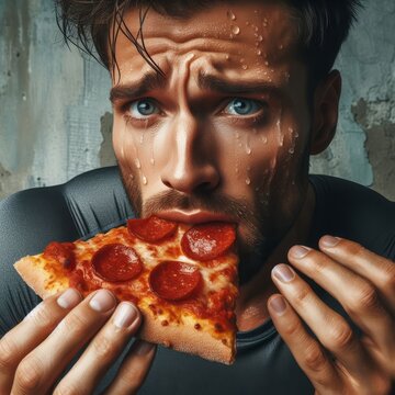 Junger Mann beißt herzhaft in eine heiße, scharfe Pizza