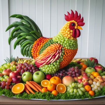 Ein Hahn, der komplett aus Früchten und Gemüse zusammengesetzt ist. Vor einer weißen Holzwand.