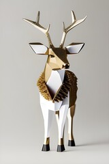 Brown and White Origami Deer Standing Upright with Detailed Antlers on a Light Grey Background, Showing Elegance and Grace, Generative AI