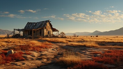 A lone desert outpost, a small shelter providing respite from the expansive, arid surroundings, the