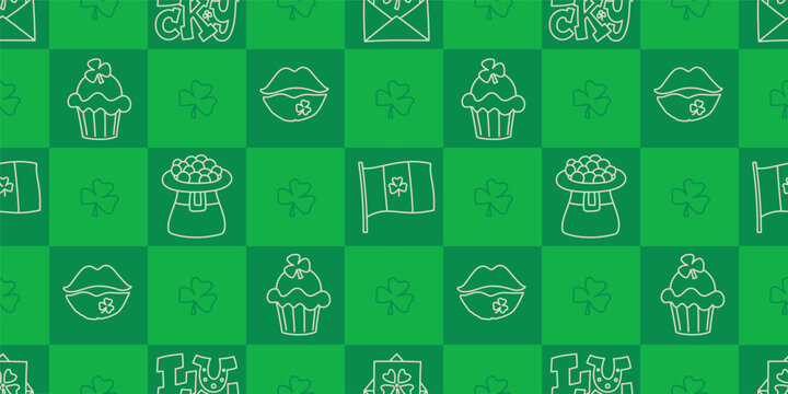 St Patricks Day funny seamless pattern with a checkered green background and cute hand-drawn Irish holiday icons, symbols, and elements.