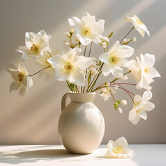 Craft a serene home interior scene featuring a vase filled with pristine white flowers on a light backdrop. Generative AI,