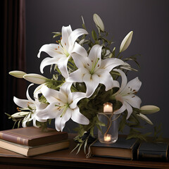 Craft a peaceful mourning background with white lilies, offering a tranquil atmosphere for remembrance and reflection.  Generative AI,