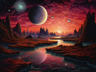 Alien Landscape Painting With Planets