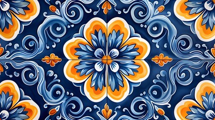 Fototapeta na wymiar Portuguese Azulejos Tile Style Background Design, Hand Edited Generative AI
