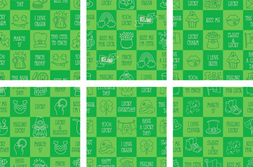 St Patricks Day funny seamless pattern with a checkered green background and cute hand-drawn Irish holiday quotes, icons, symbols, and elements.