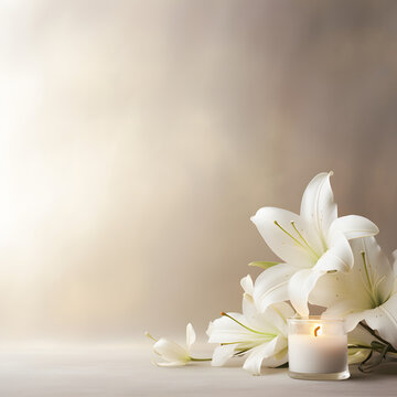 Create a peaceful condolence background featuring white lilies. This serene image allows you to convey your sympathy and support  Generative AI,