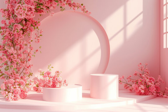 Beautiful pink roses form an arch over empty podiums, perfect for product display. AI generative
