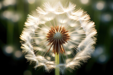 Close up macro photo of white dandelion with blurred green and blue background