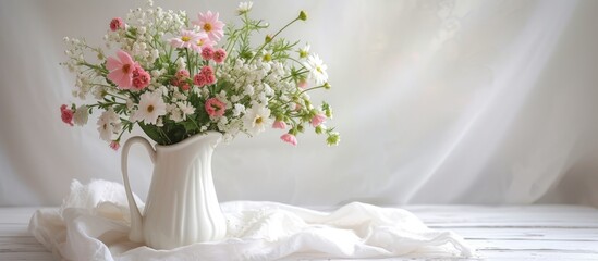 Elegant white vase with beautiful pink and white flowers on a wooden table