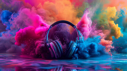 headphones amidst vibrant color explosion
