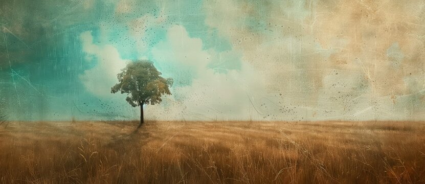 A field of grass with a tree at the end, in the style of apocalyptic collage, beige and azure, split toning, environmental awareness.