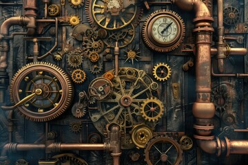 A steampunk style with gears pipes and clocks.