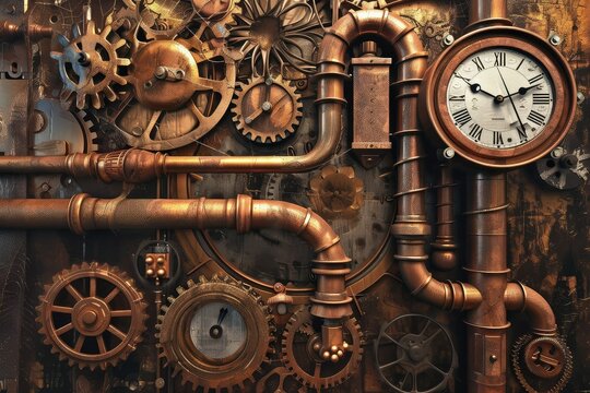 A steampunk style with gears pipes and clocks.